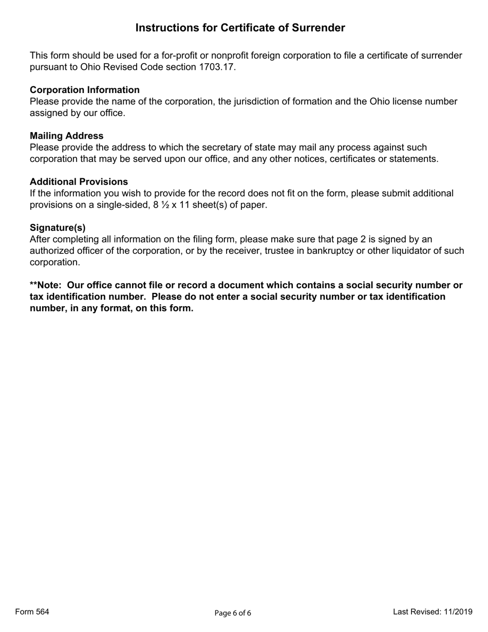 Form 564 Certificate of Surrender Foreign Licensed Corporation (For-Profit or Nonprofit Foreign Corporation) - Ohio, Page 6