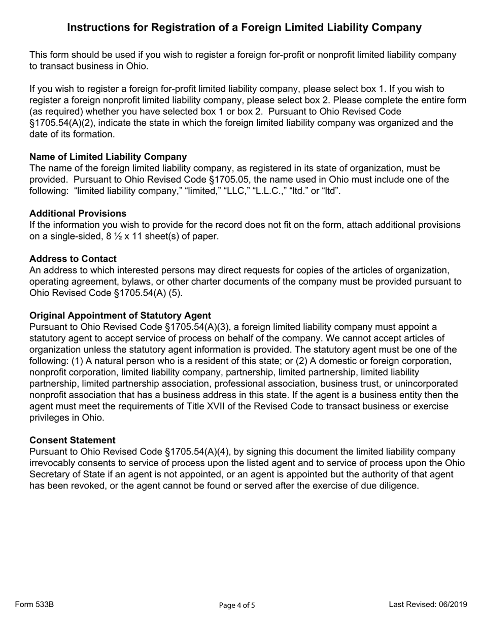 Form 533B Registration of a Foreign Limited Liability Company - Ohio, Page 4