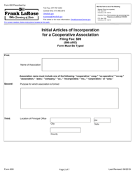 Form 600 Initial Articles of Incorporation for a Cooperative Association - Ohio, Page 2