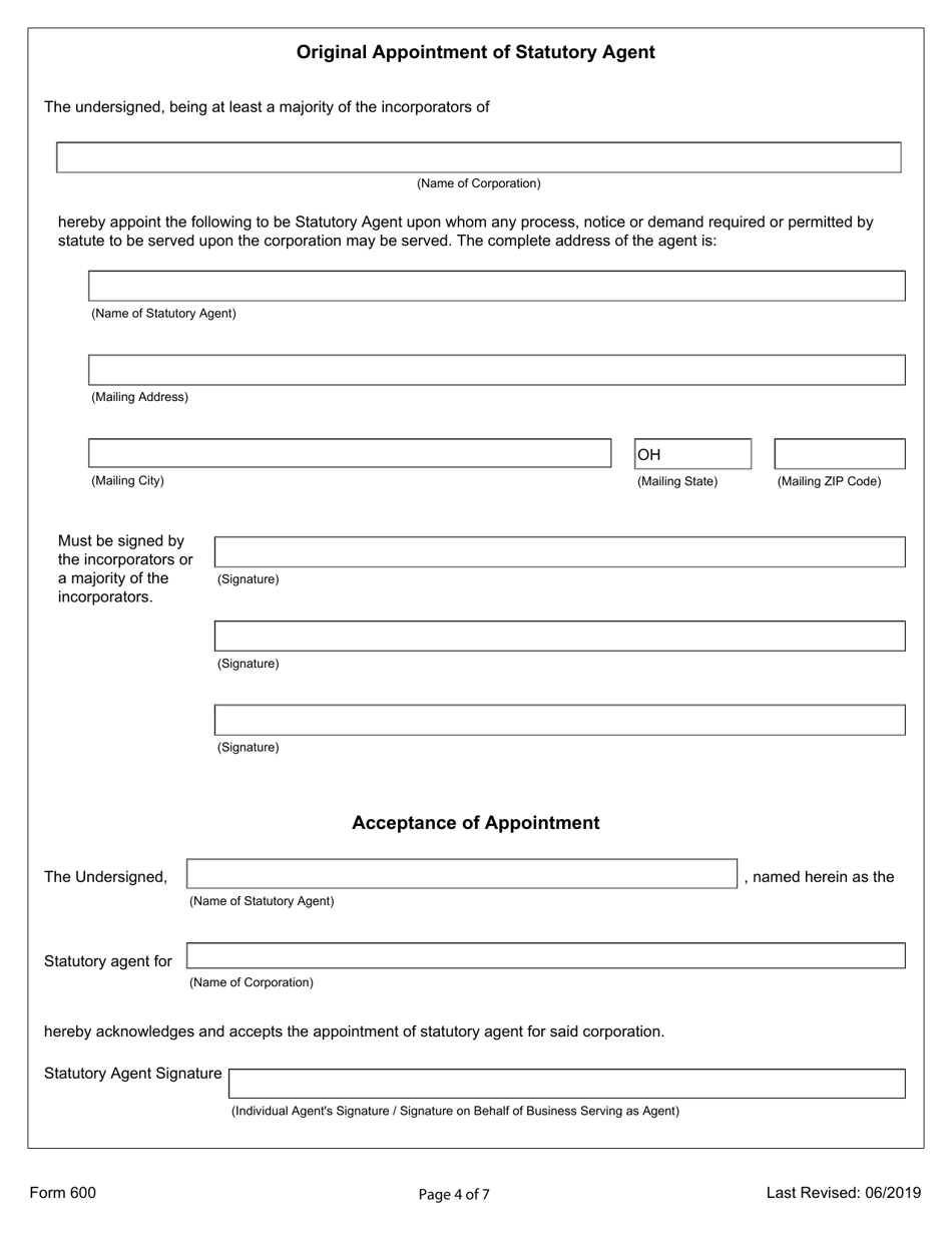 Form 600 Initial Articles of Incorporation for a Cooperative Association - Ohio, Page 4