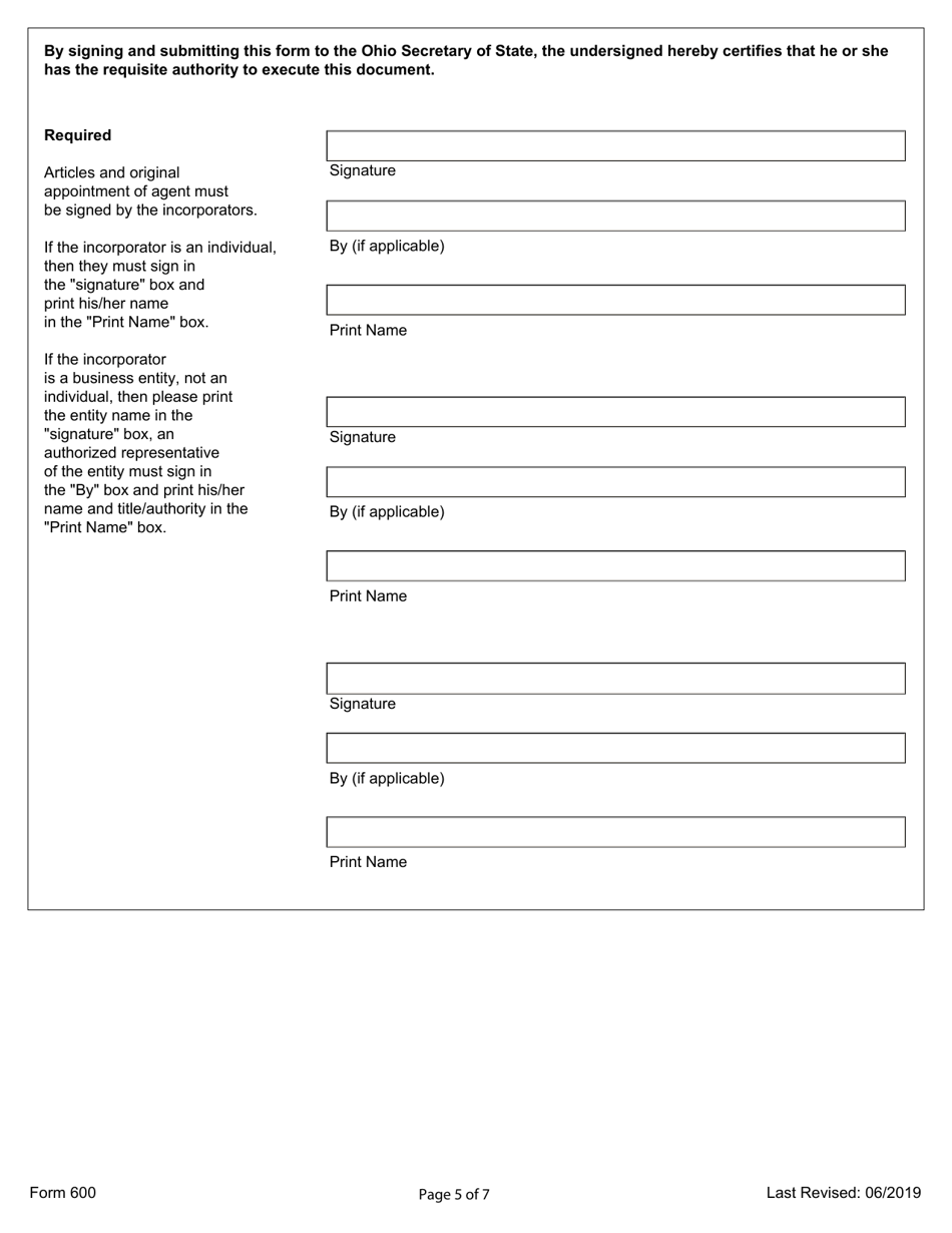 Form 600 Initial Articles of Incorporation for a Cooperative Association - Ohio, Page 5