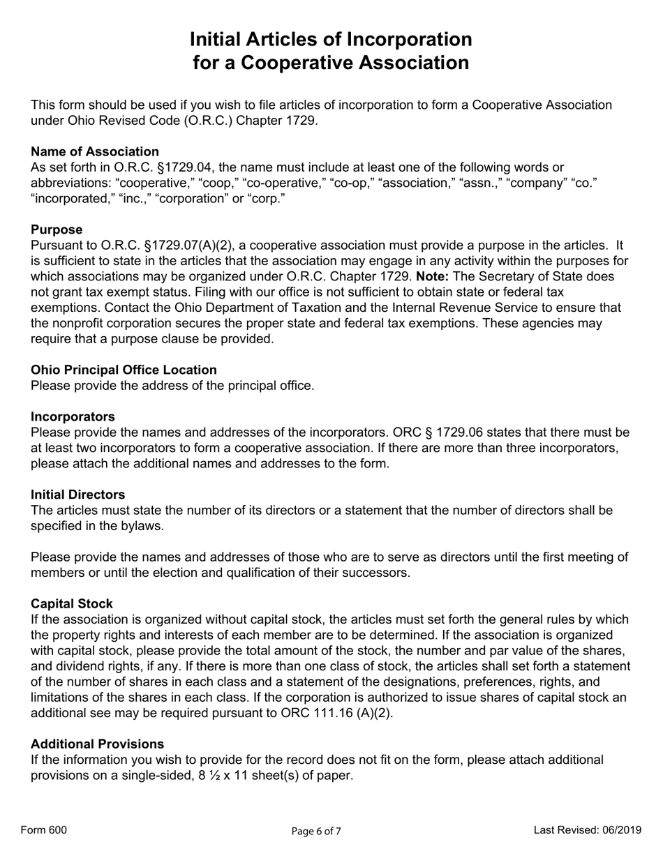 Form 600 Initial Articles of Incorporation for a Cooperative Association - Ohio, Page 6