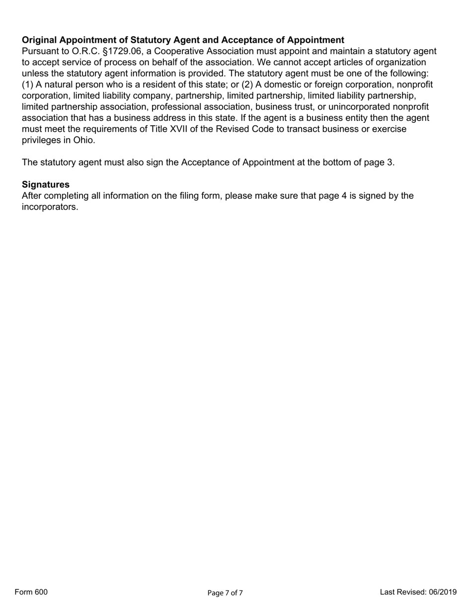 Form 600 Initial Articles of Incorporation for a Cooperative Association - Ohio, Page 7