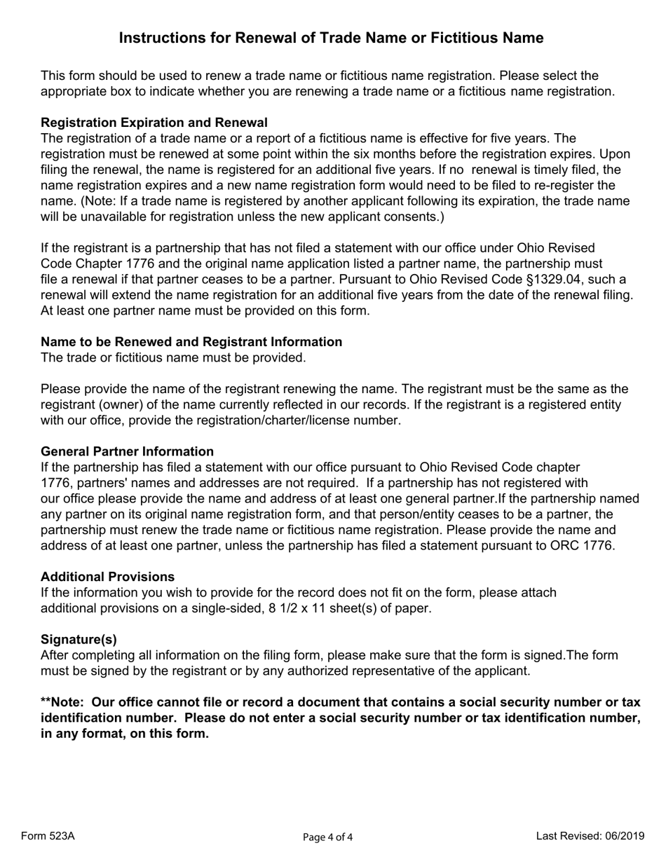 Form 523A Renewal of Trade Name or Fictitious Name Registration - Ohio, Page 4