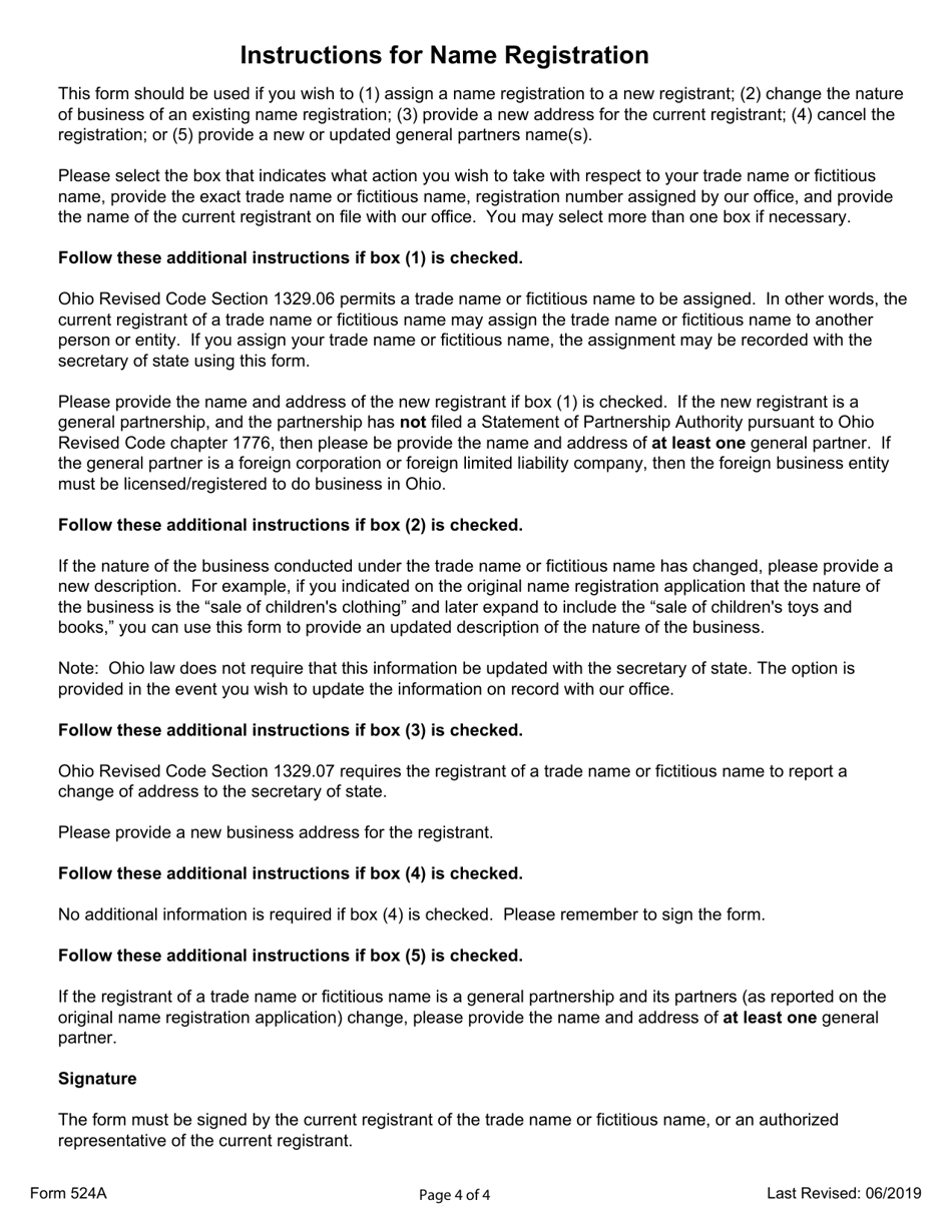 Form 524A Trade Name or Fictitious Name Registration Update - Ohio, Page 4