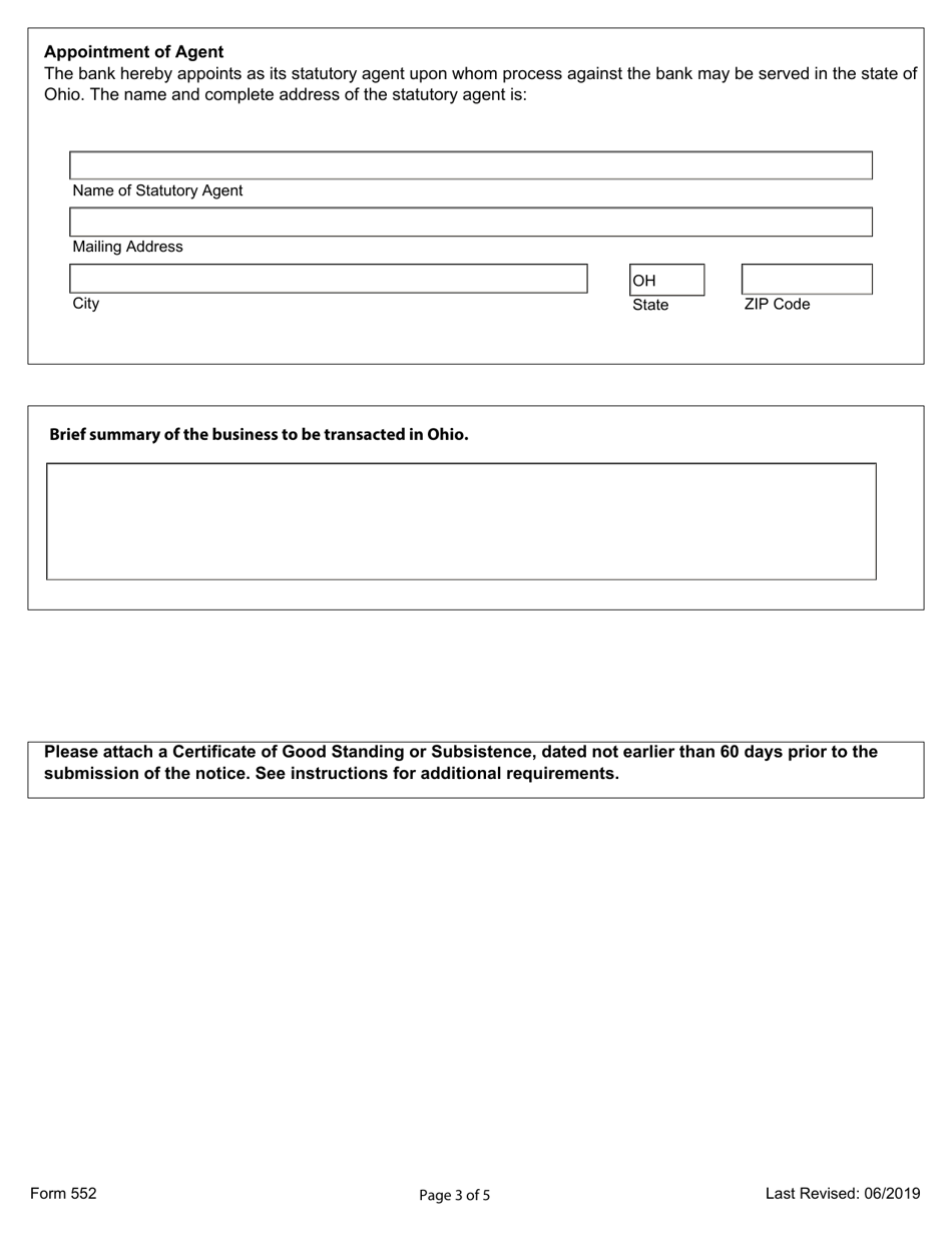 Form 552 Notification for a Corporation That Is a Bank, Savings Bank, or Savings and Loan Association Chartered Under the Laws of the United States - Ohio, Page 3