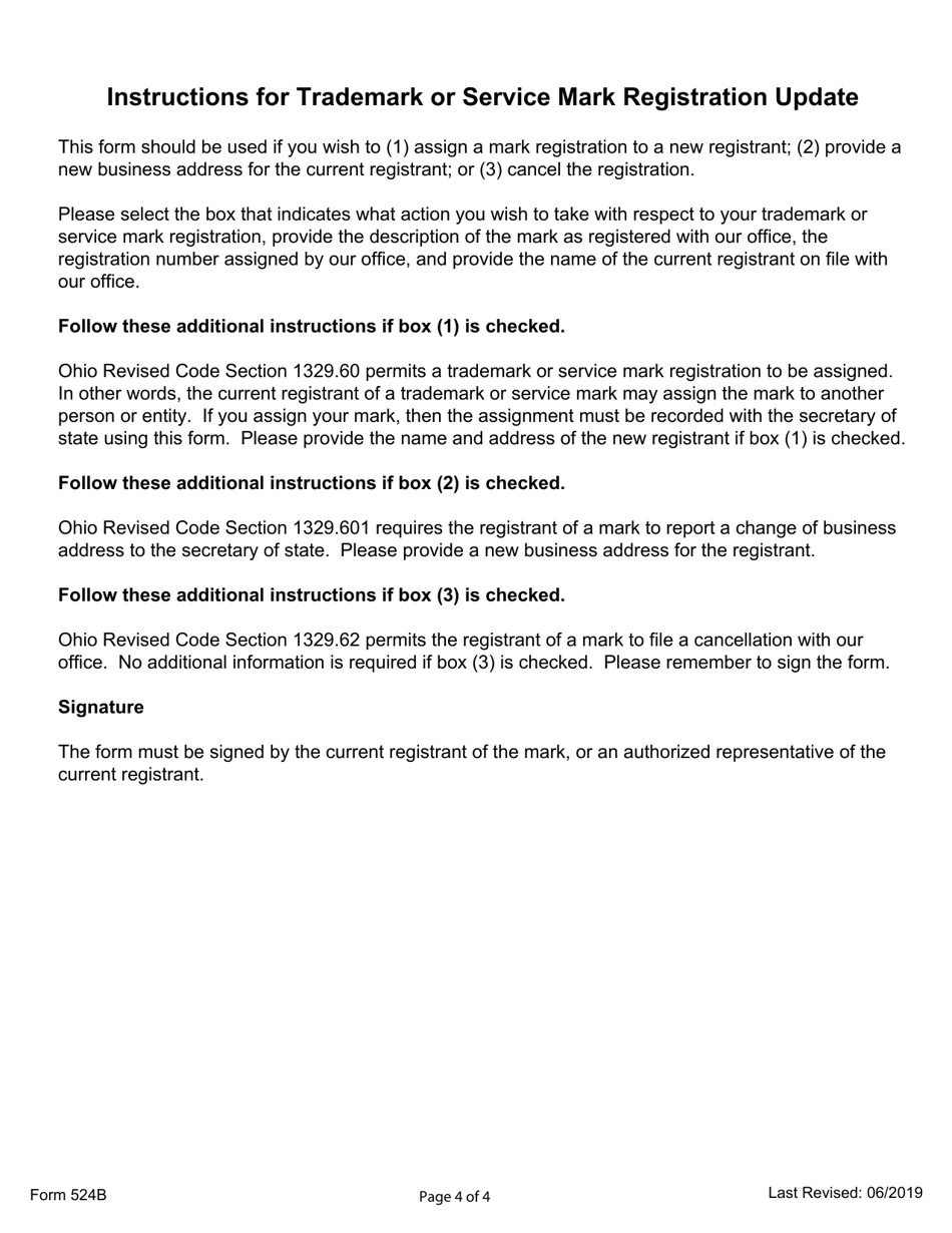 Form 524B Trademark or Service Mark Registration Update - Ohio, Page 4