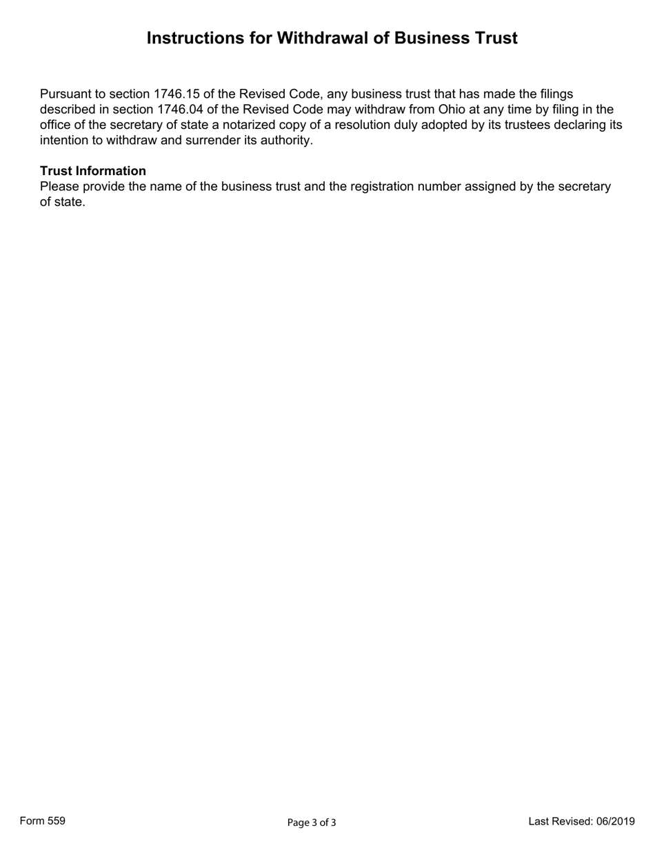 Form 559 Withdrawal of Business Trust - Ohio, Page 3
