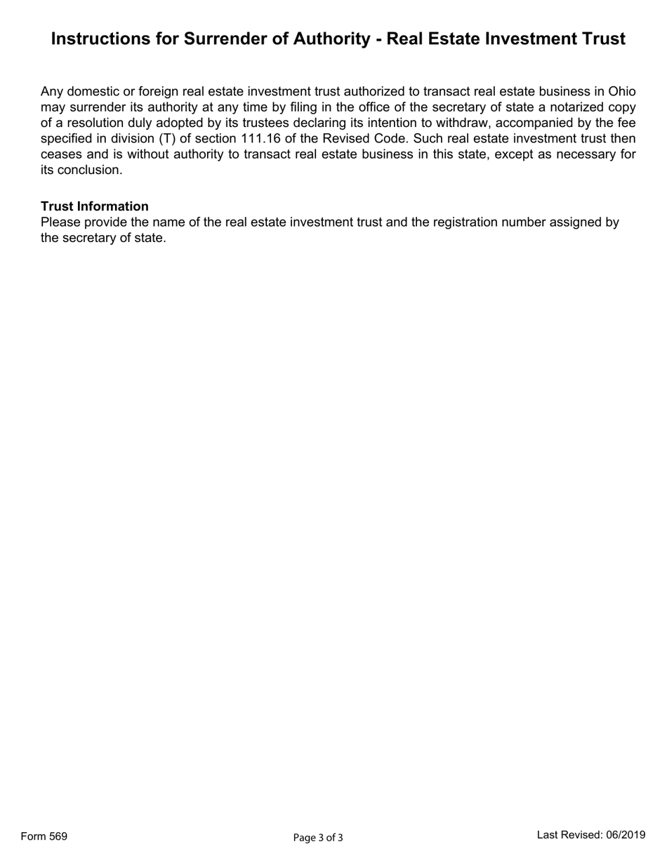 Form 569 Surrender of Authority - Real Estate Investment Trust - Ohio, Page 3