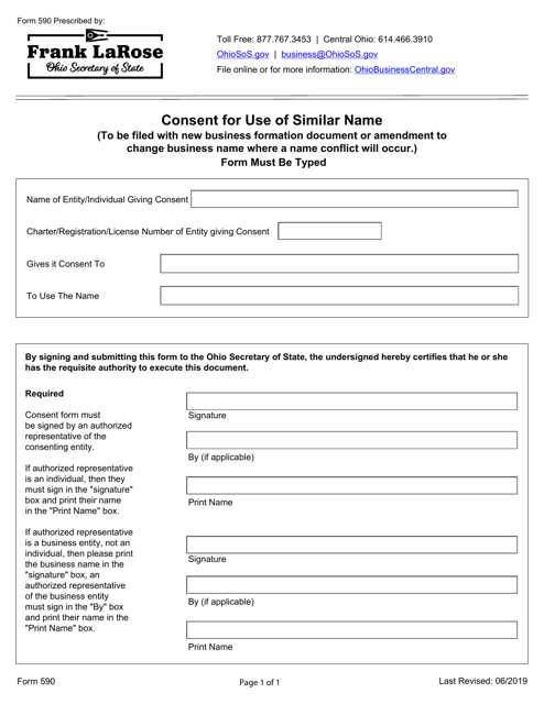 Form 590 Consent for Use of Similar Name - Ohio