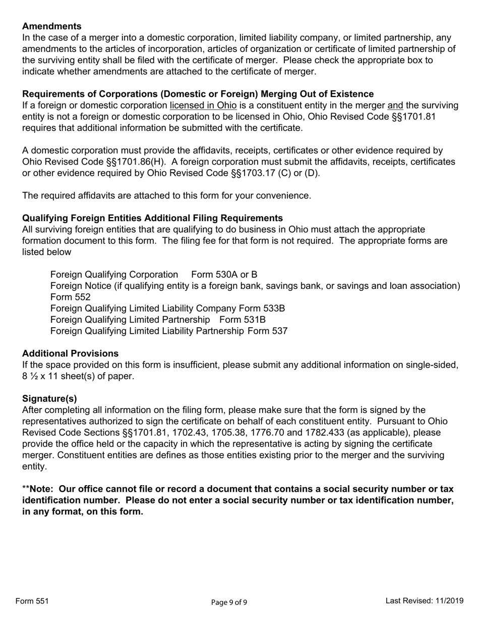 Form 551 Certificate of Merger - Ohio, Page 9