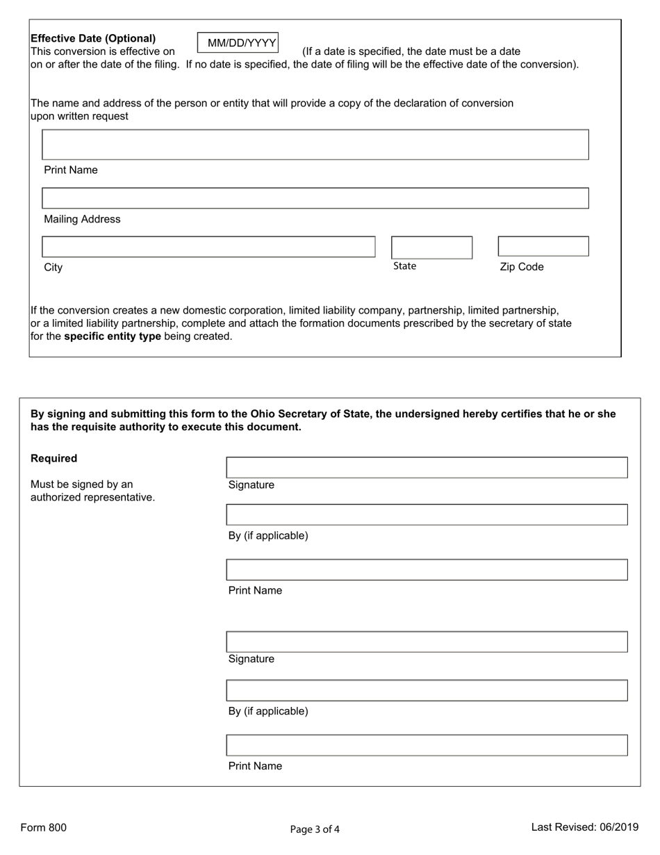 Form 800 Certificate of Conversion for Entities Converting Into the Records of the Ohio Secretary of State - Ohio, Page 3