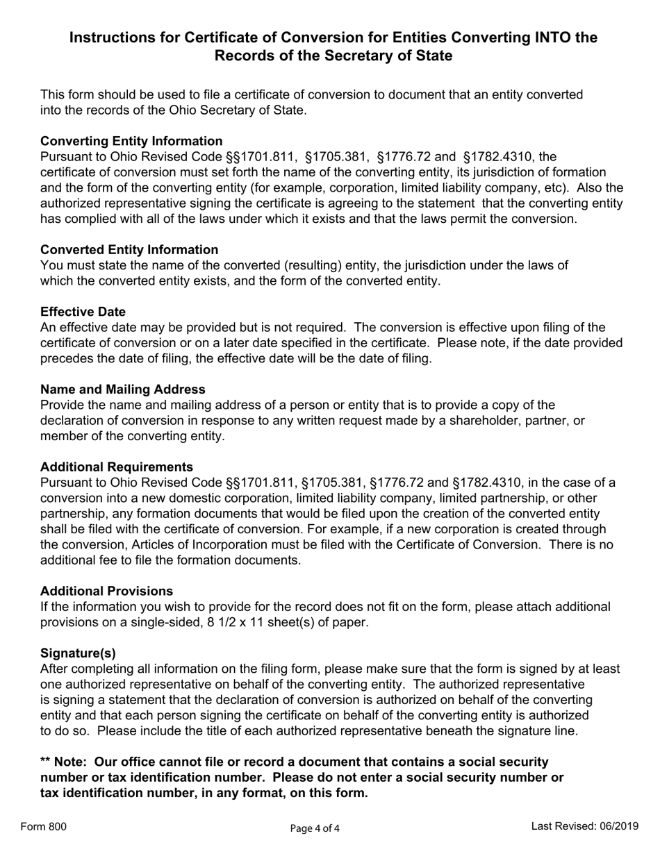 Form 800 Certificate of Conversion for Entities Converting Into the Records of the Ohio Secretary of State - Ohio, Page 4