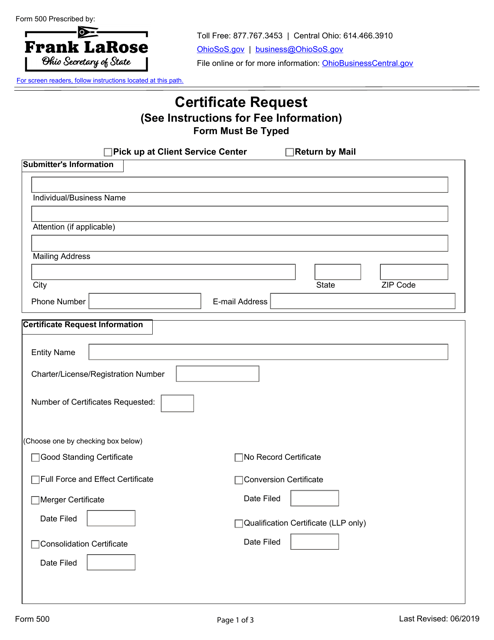 Form 500 Certificate Request - Ohio