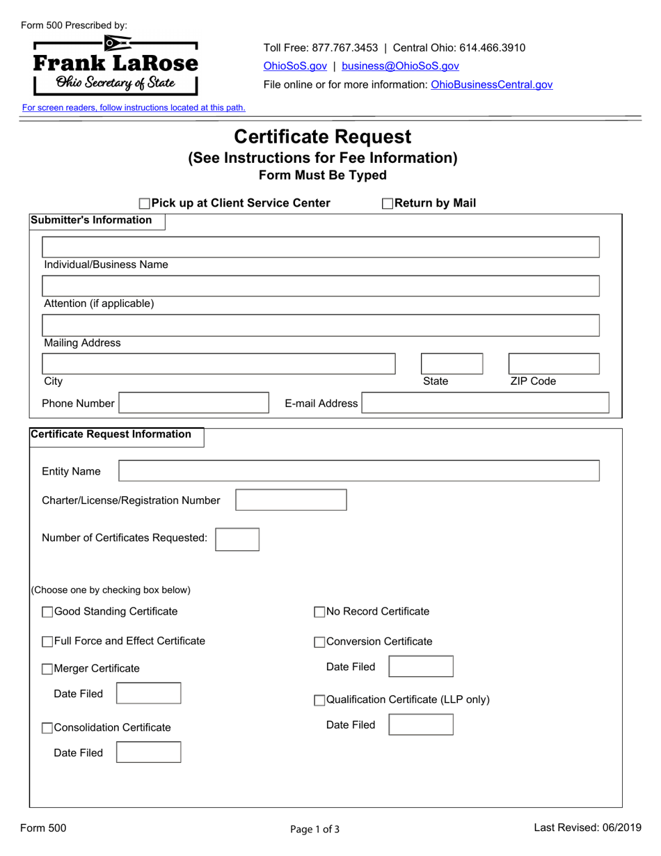 Form 500 Certificate Request - Ohio, Page 1