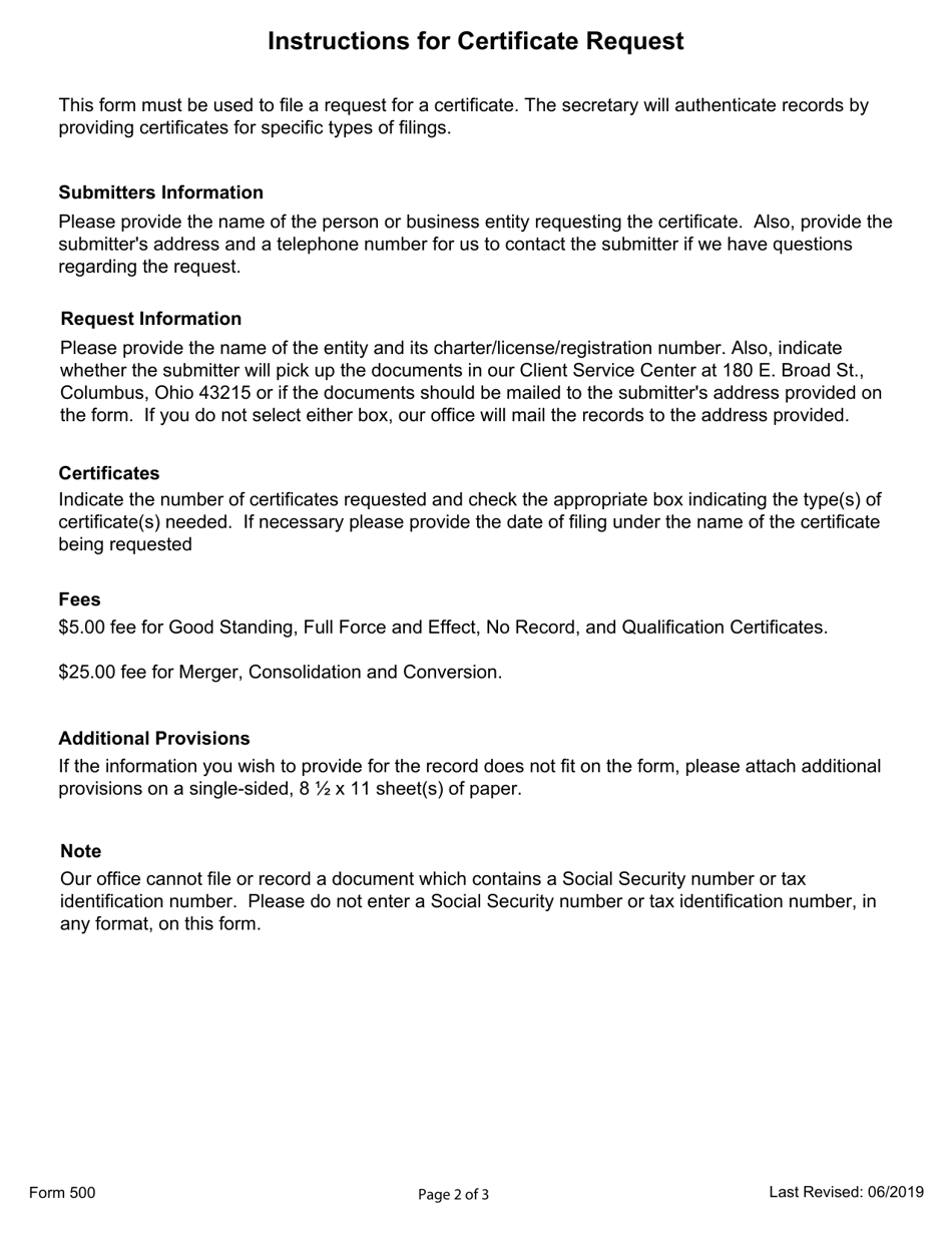 Form 500 Certificate Request - Ohio, Page 2