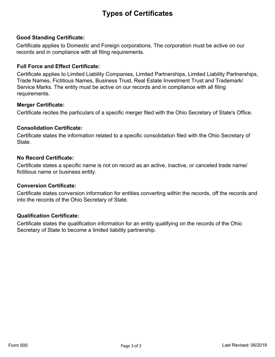 Form 500 Certificate Request - Ohio, Page 3