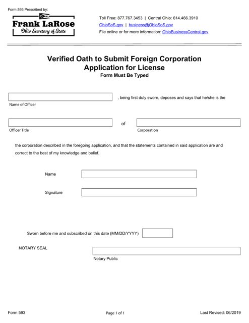 Form 593 Verified Oath to Submit Foreign Corporation Application for License - Ohio
