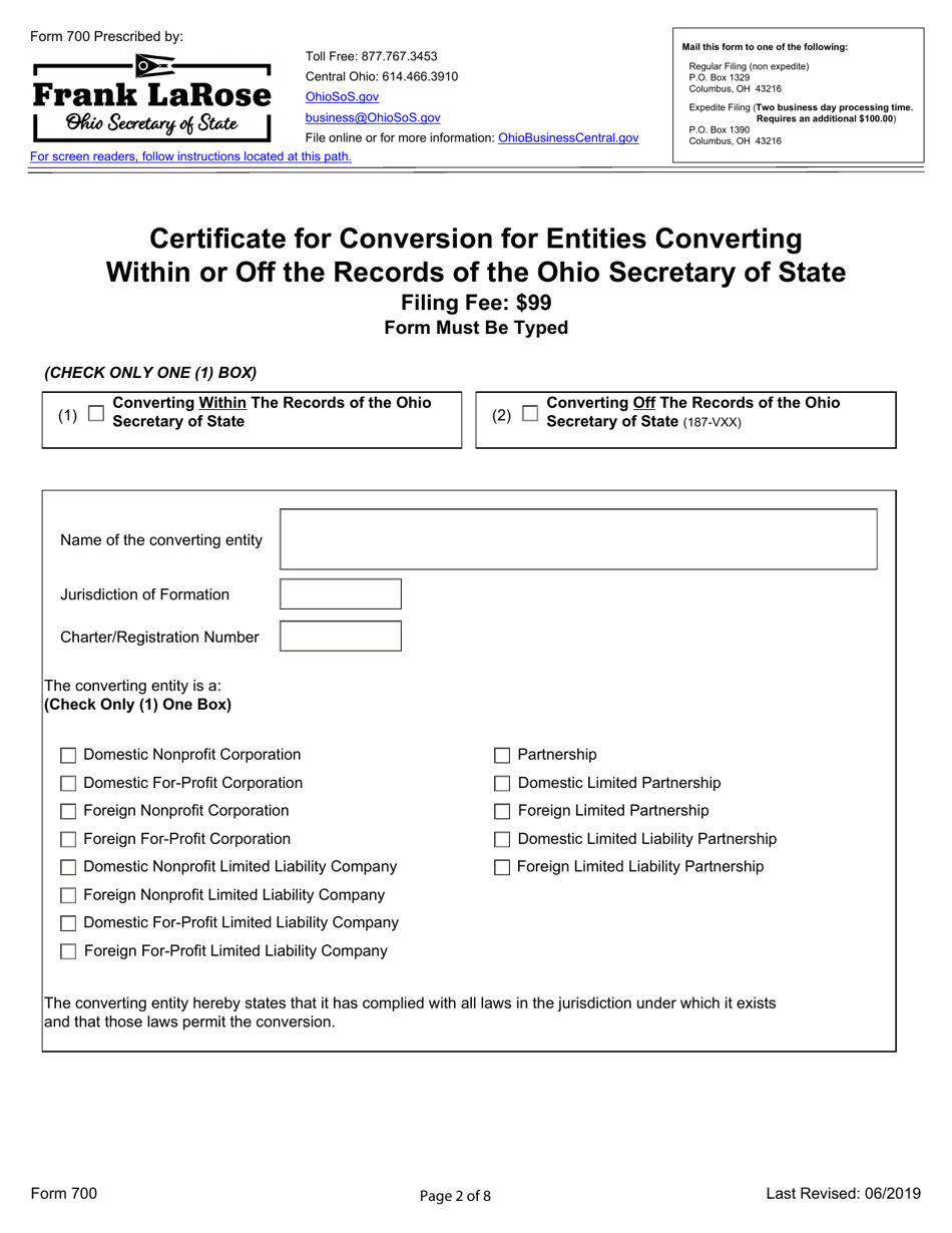 Form 700 Certificate for Conversion for Entities Converting Within or off the Records of the Ohio Secretary of State - Ohio, Page 2