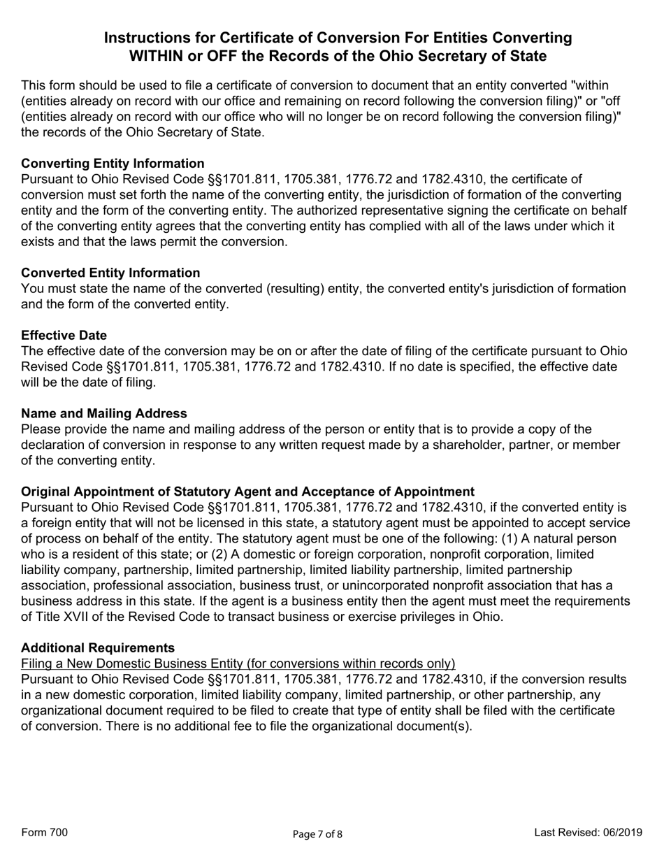 Form 700 Certificate for Conversion for Entities Converting Within or off the Records of the Ohio Secretary of State - Ohio, Page 7
