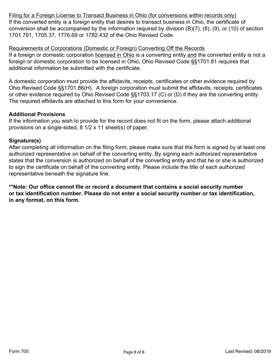 Form 700 Certificate for Conversion for Entities Converting Within or off the Records of the Ohio Secretary of State - Ohio, Page 8