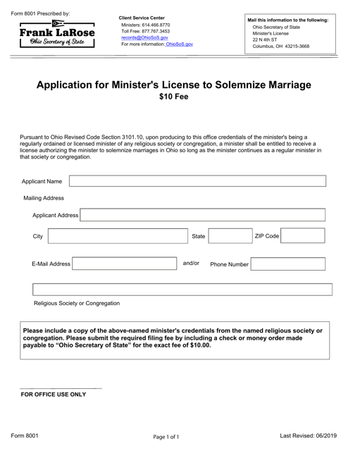 Form 8001 Application for Minister's License to Solemnize Marriage - Ohio