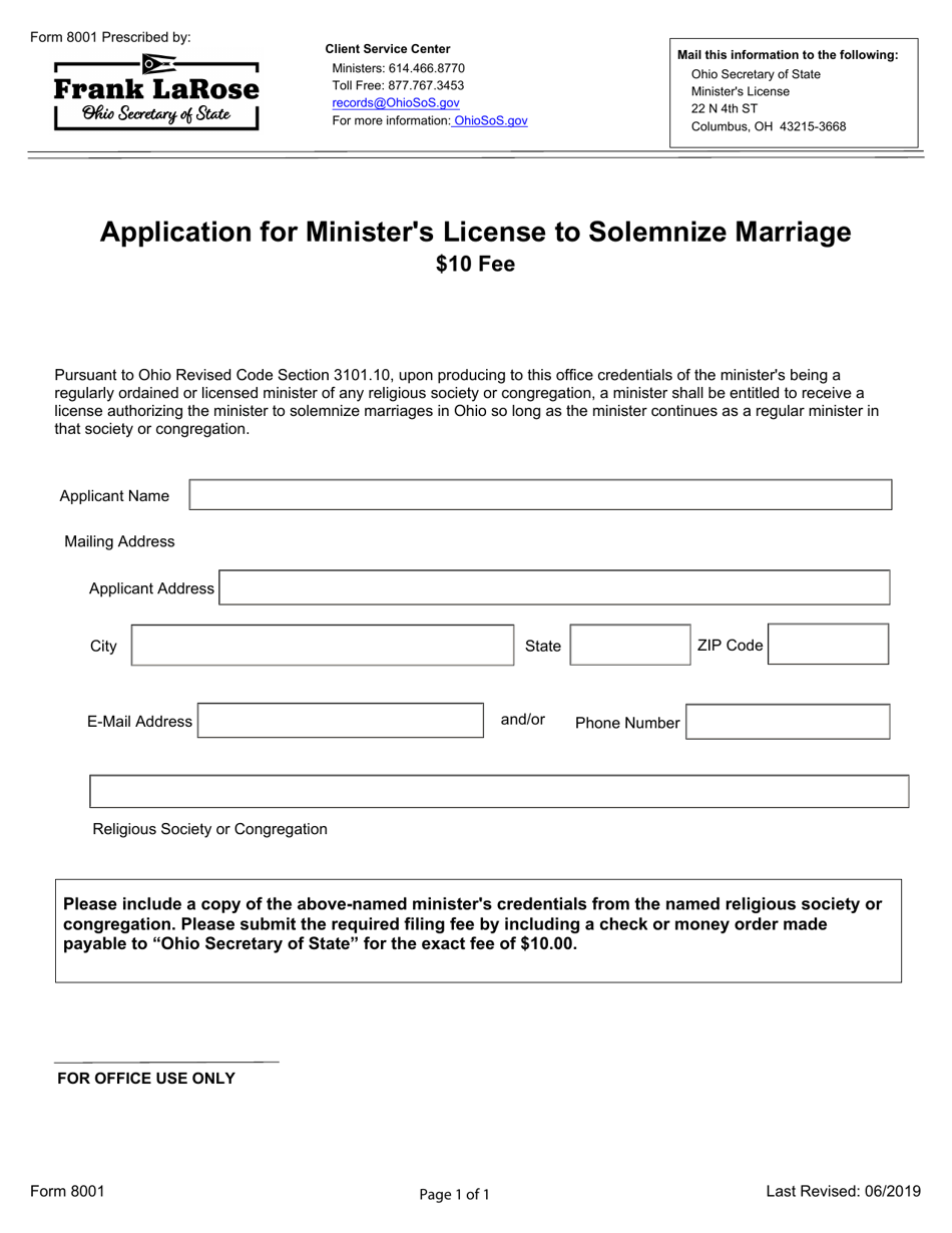 Form 8001 Application for Ministers License to Solemnize Marriage - Ohio, Page 1