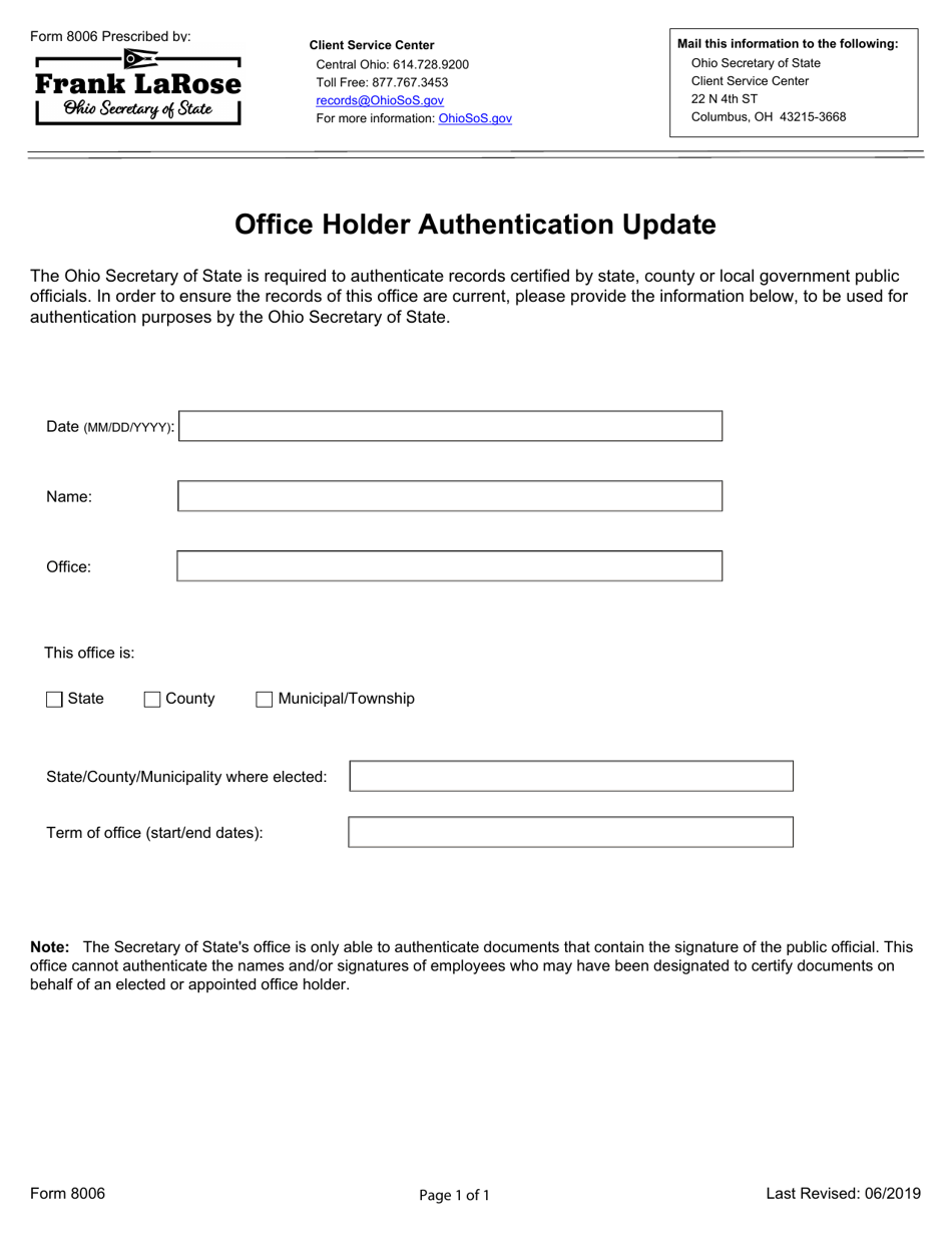 Form 8006 Download Fillable PDF or Fill Online Office Holder Authentication Update, Ohio 2017 — 2024 | Templateroller