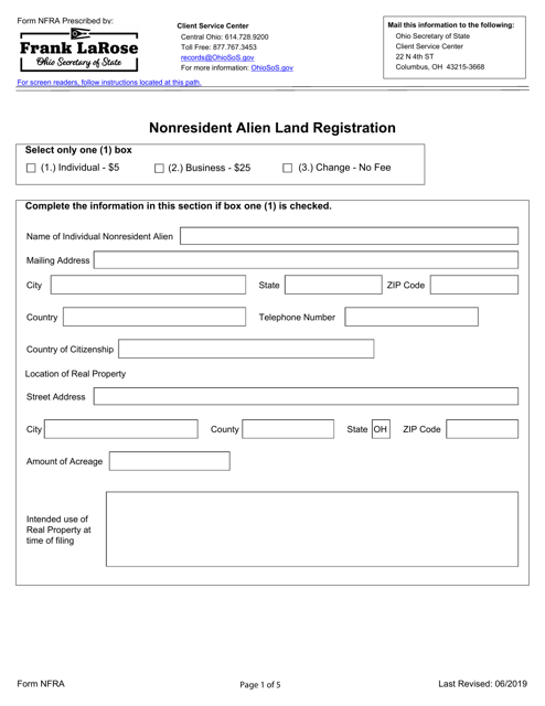 Form NFRA Nonresident Alien Land Registration - Ohio
