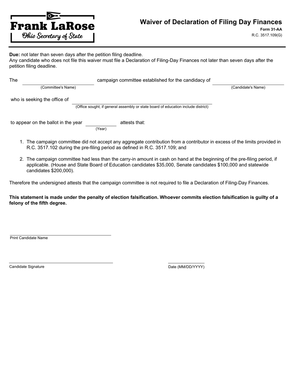 Form 31-AA Waiver of Declaration of Filing Day Finances - Ohio, Page 1