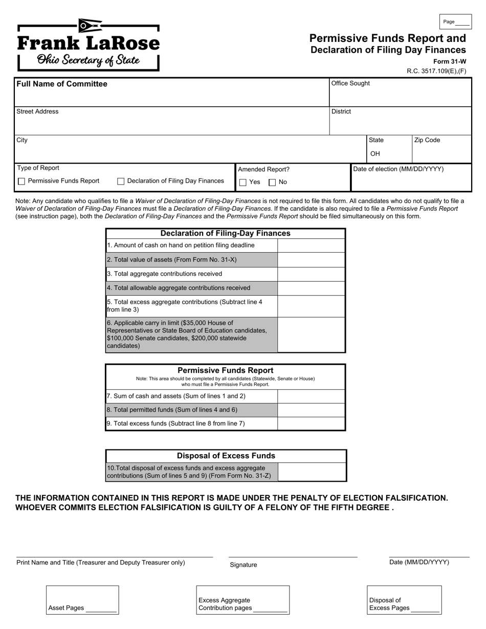 Form 31-W Permissive Funds Report and Declaration of Filing Day Finances - Ohio, Page 1