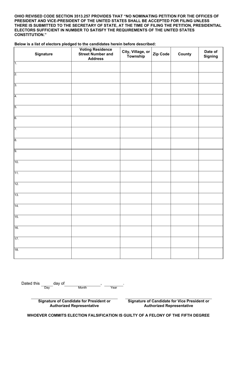 Form 3-A Nominating Petition and Statement of Candidacy for President and Vice President of the United States - Ohio, Page 3