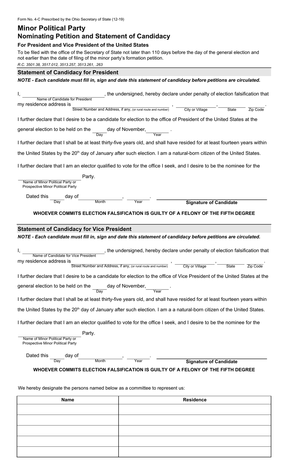 Form 4-C Minor Political Party Nominating Petition and Statement of Candidacy for President and Vice President of the United States - Ohio, Page 1
