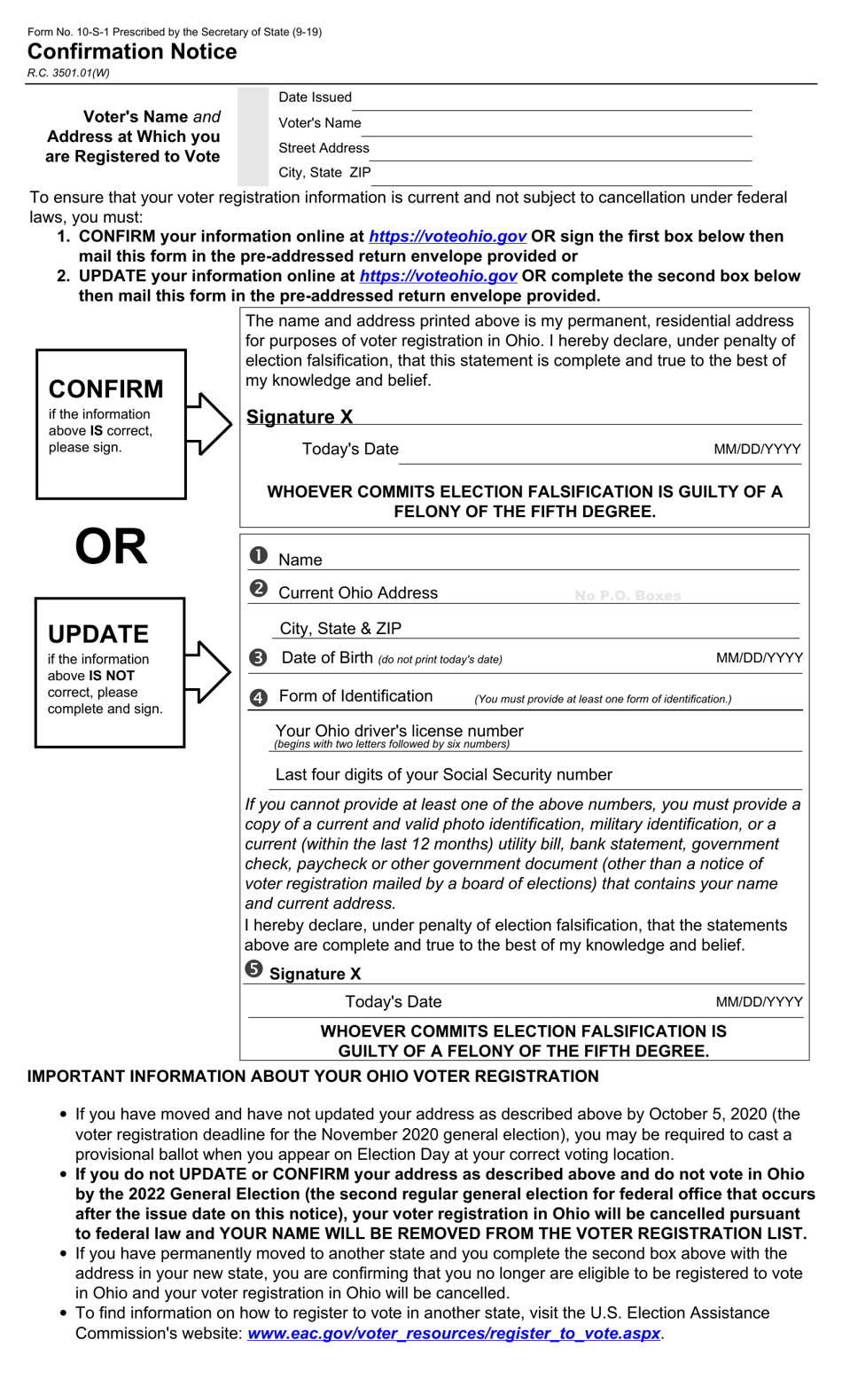 Form 10-S-1 Confirmation Notice - Ohio, Page 1