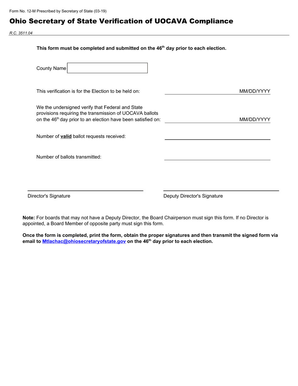 Form 12-M Ohio Secretary of State Verification of Uocava Compliance - Ohio, Page 1