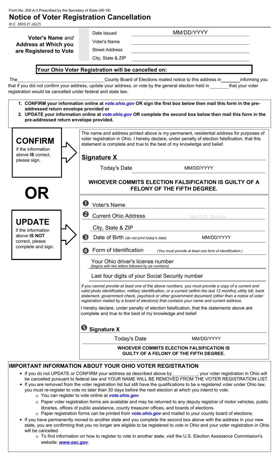 Form 255-A-3 Notice of Voter Registration Cancellation - Ohio, Page 1