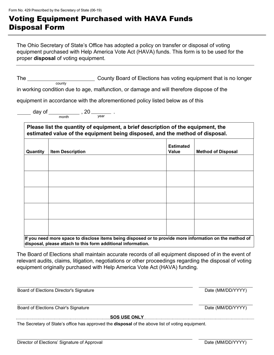 Form 429 Voting Equipment Purchased With Hava Funds Disposal Form - Ohio, Page 1