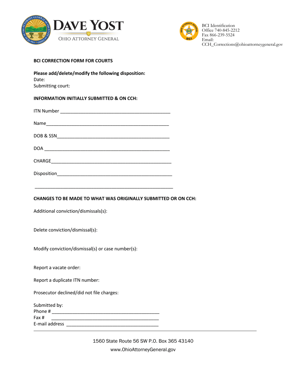 Bci Correction Form for Courts - Ohio, Page 1