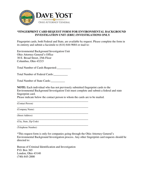 Fingerprint Card Request Form for Environmental Background Investigation Unit (Ebiu) Investigations Only - Ohio