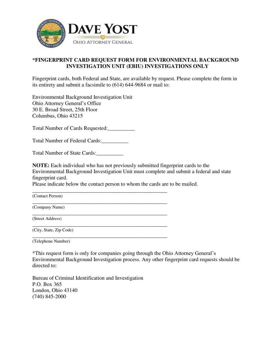 Ohio Fingerprint Card Request Form for Environmental Background