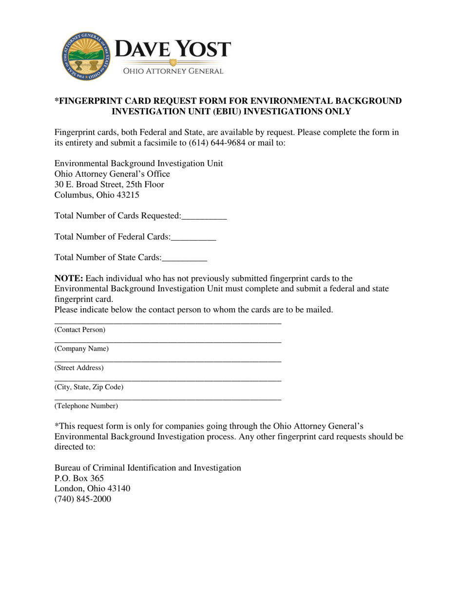Fingerprint Card Request Form for Environmental Background Investigation Unit (Ebiu) Investigations Only - Ohio, Page 1