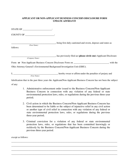 Applicant or Non-applicant Business Concern Disclosure Form Update Affidavit - Ohio Download Pdf