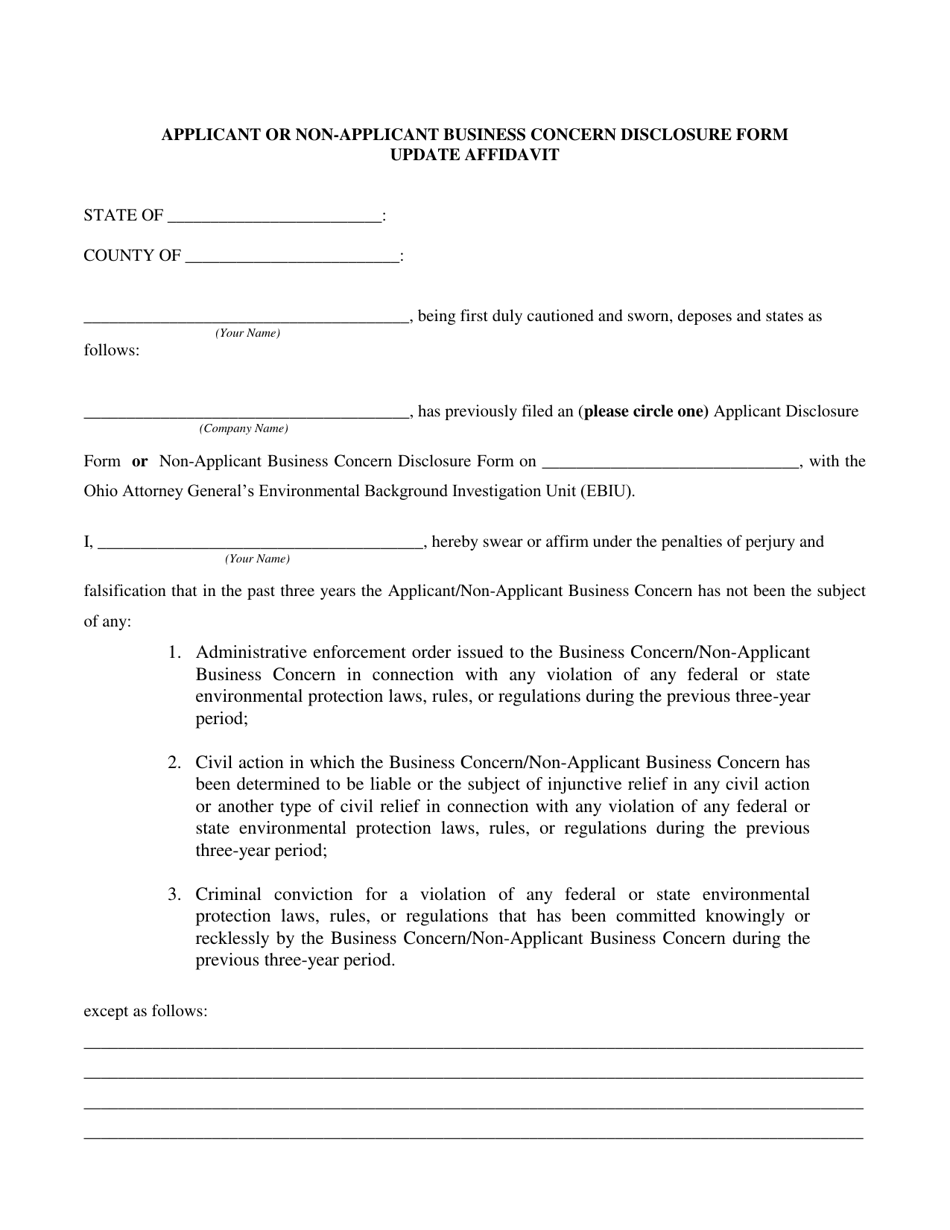Applicant or Non-applicant Business Concern Disclosure Form Update Affidavit - Ohio, Page 1