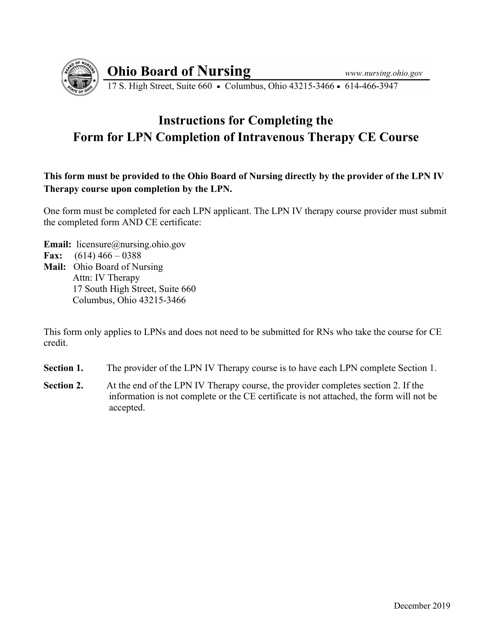 Form for Lpn Completion of Intravenous Therapy Ce Course - Ohio