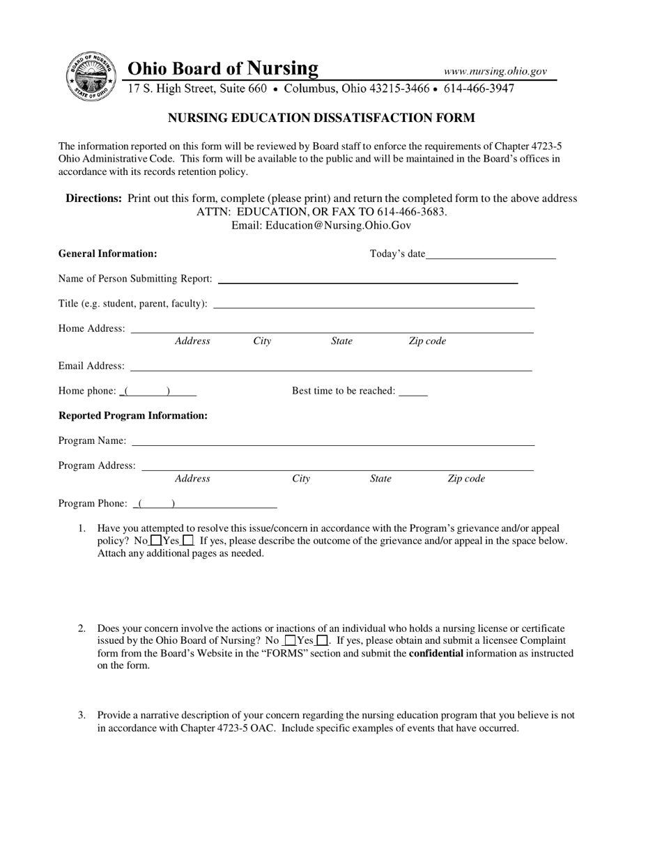Nursing Education Dissatisfaction Form - Ohio, Page 1