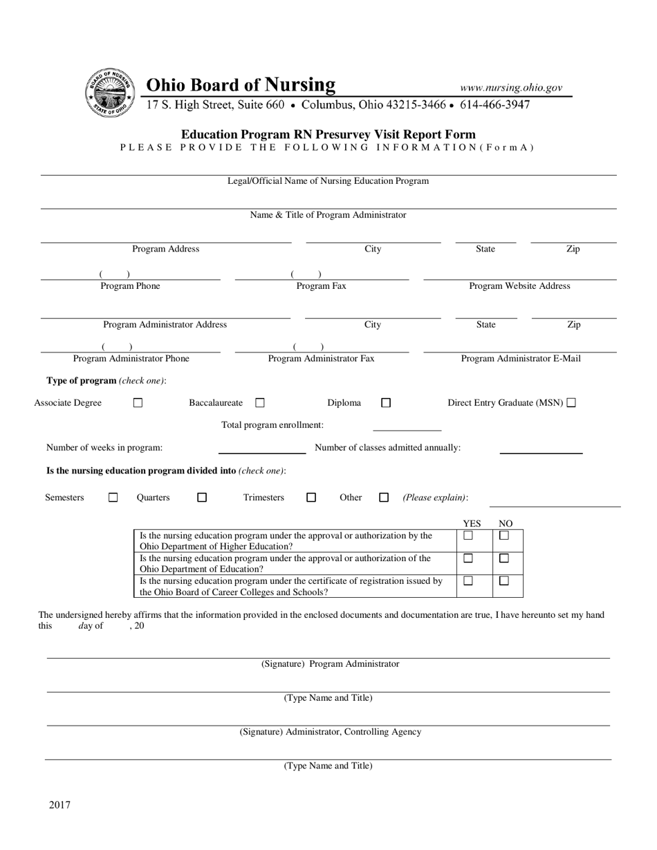 Form A Education Program Rn Presurvey Visit Report Form - Ohio, Page 1