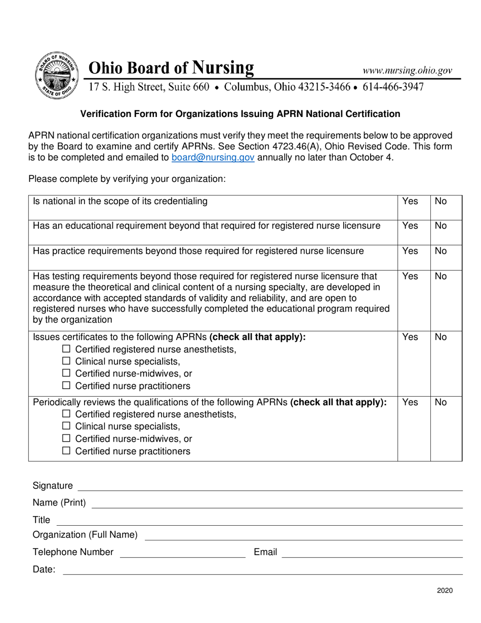 Verification Form for Organizations Issuing Aprn National Certification - Ohio, Page 1