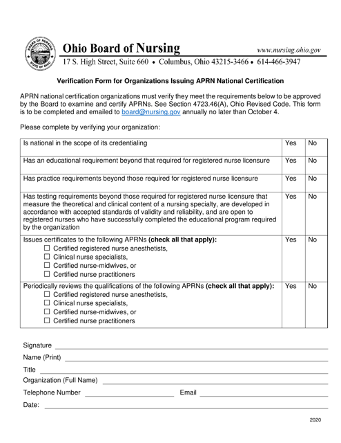 Verification Form for Organizations Issuing Aprn National Certification - Ohio Download Pdf