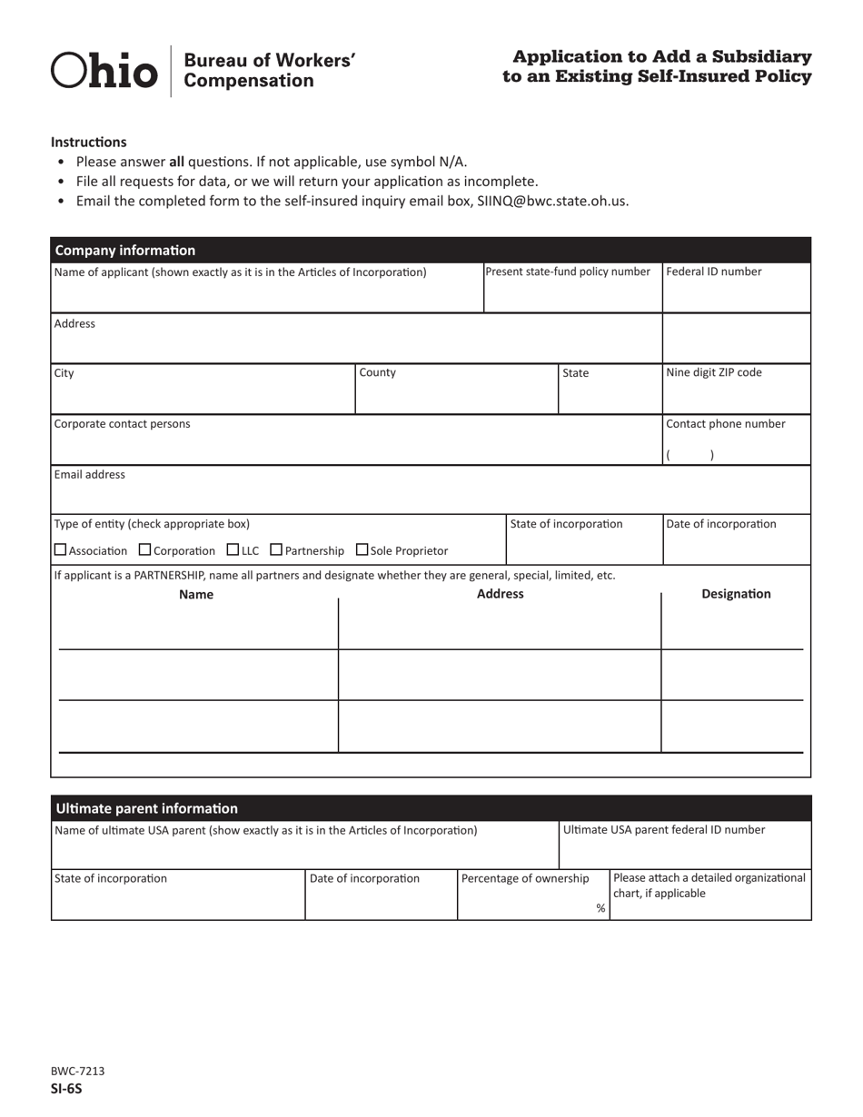 Form SI-6S (BWC-7213) Application to Add a Subsidiary to an Existing Self-insured Policy - Ohio, Page 1