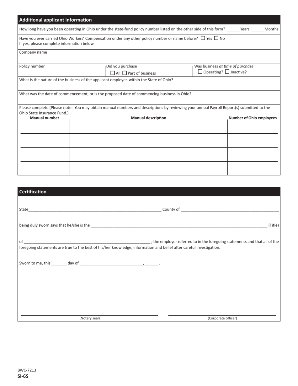 Form SI-6S (BWC-7213) Application to Add a Subsidiary to an Existing Self-insured Policy - Ohio, Page 2